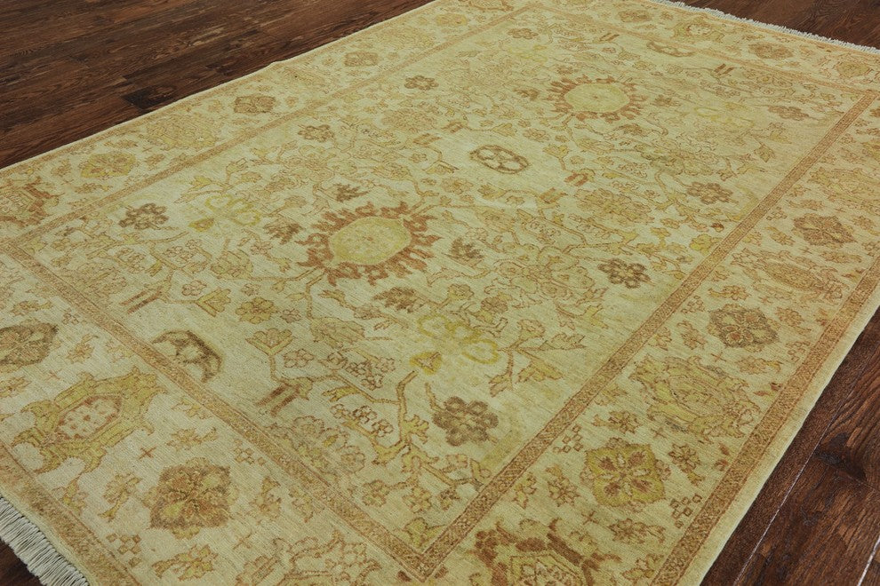 Oushak Oriental Ivory Hand-Knotted Peshawar Chobi Wool Rug, 6'x9'
