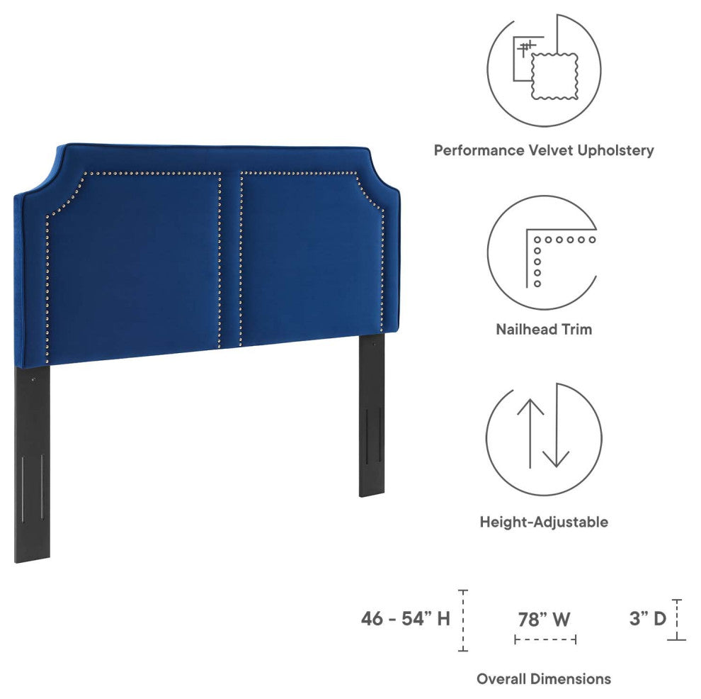 Headboard, Nailhead, King California, Blue Navy, Velvet, Modern, Mid Century