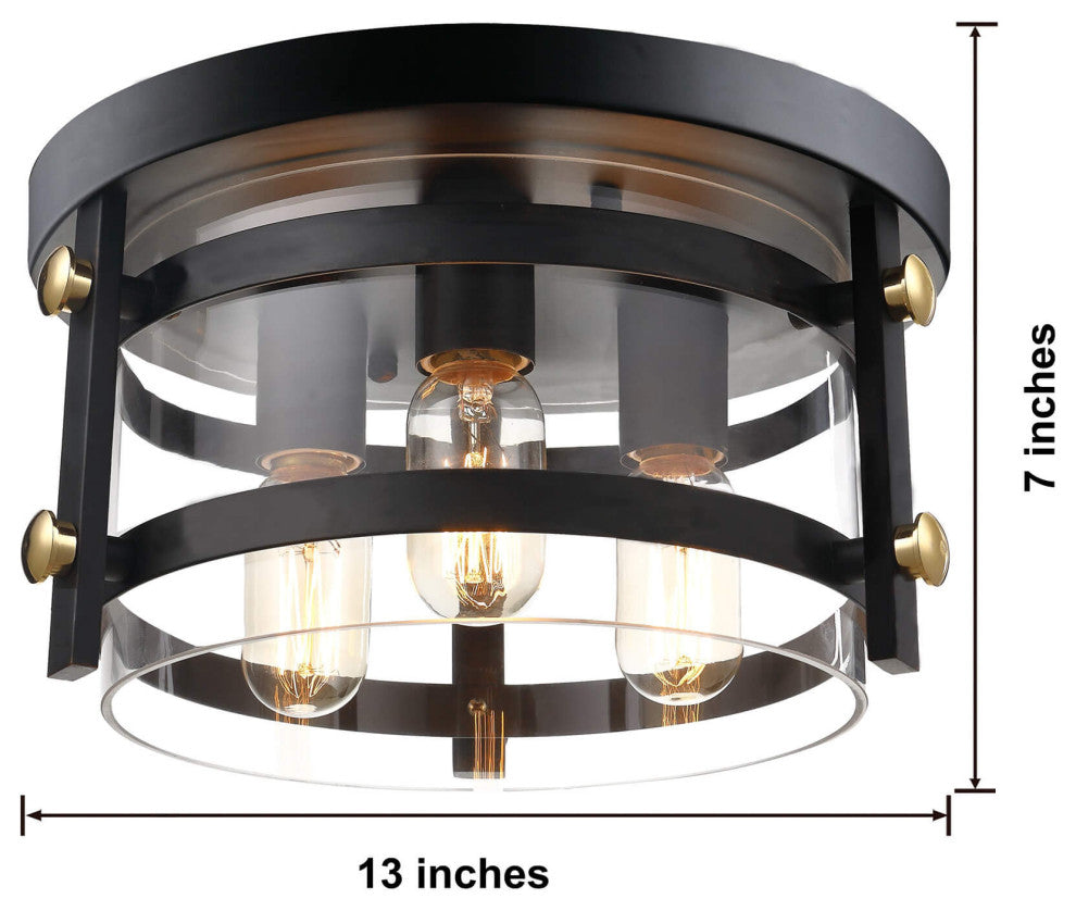 April Clear Glass 13" W 3-light Black Flush Mount