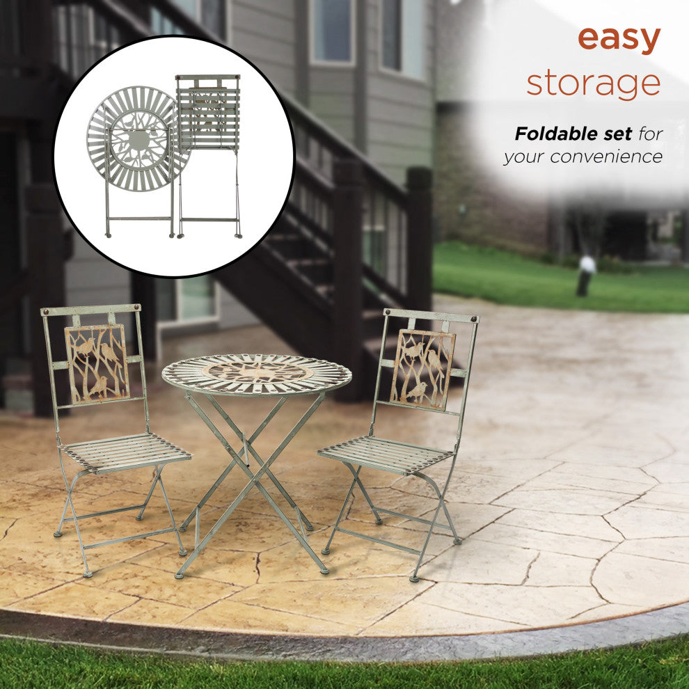 Bird Design 3-Piece Bistro Set Folding Table and Chairs Patio Seating