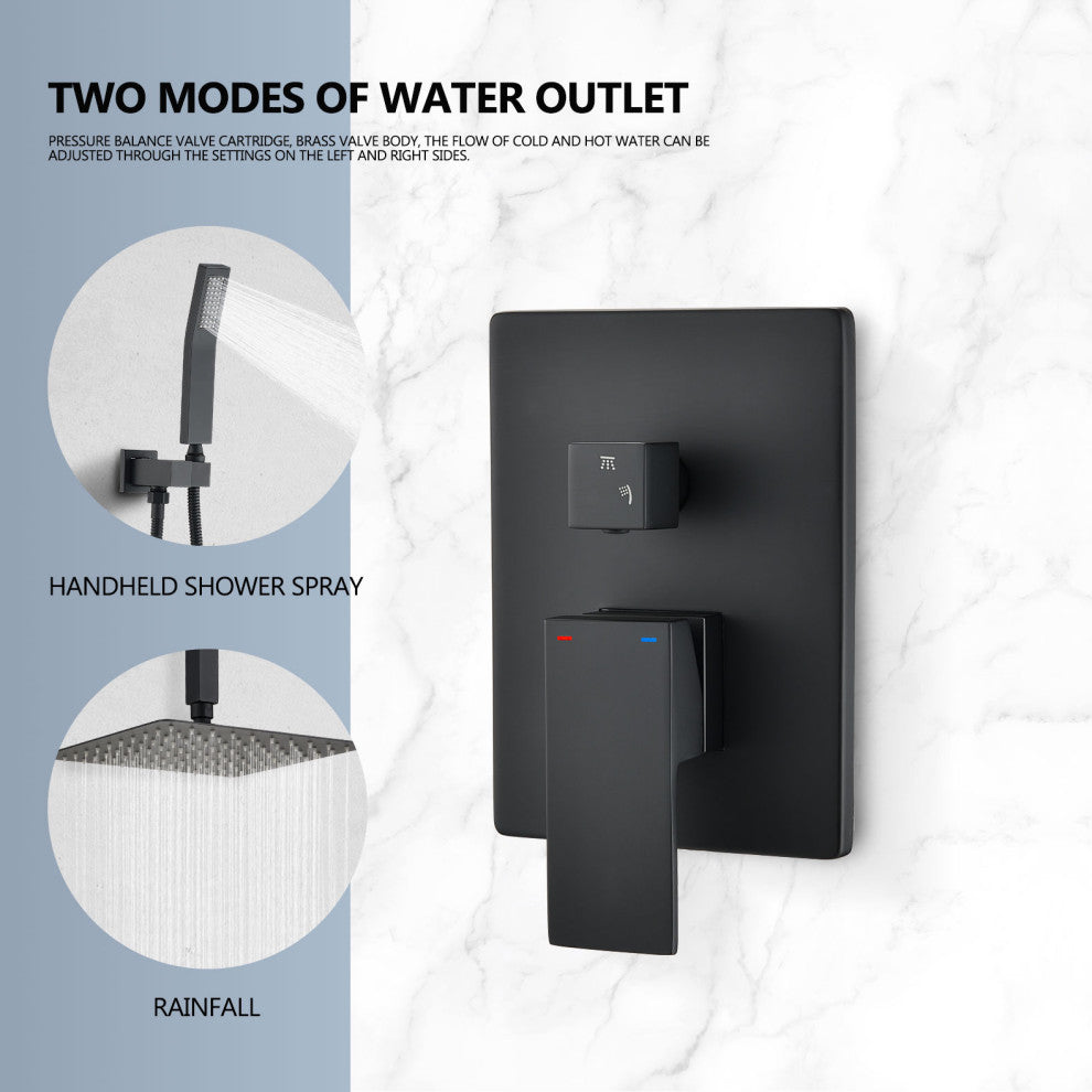 12" Square Rainfall Shower head and Handheld Shower Head Set, Matte Black