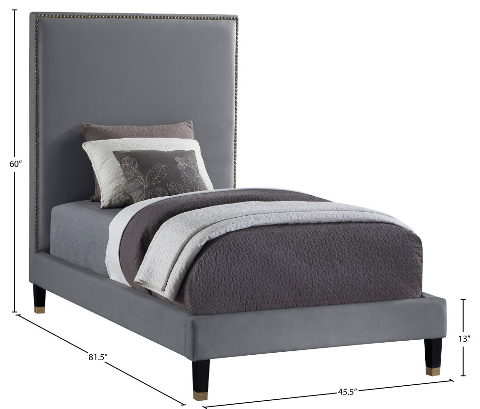 Harlie Velvet Upholstered Bed, Gray, Twin