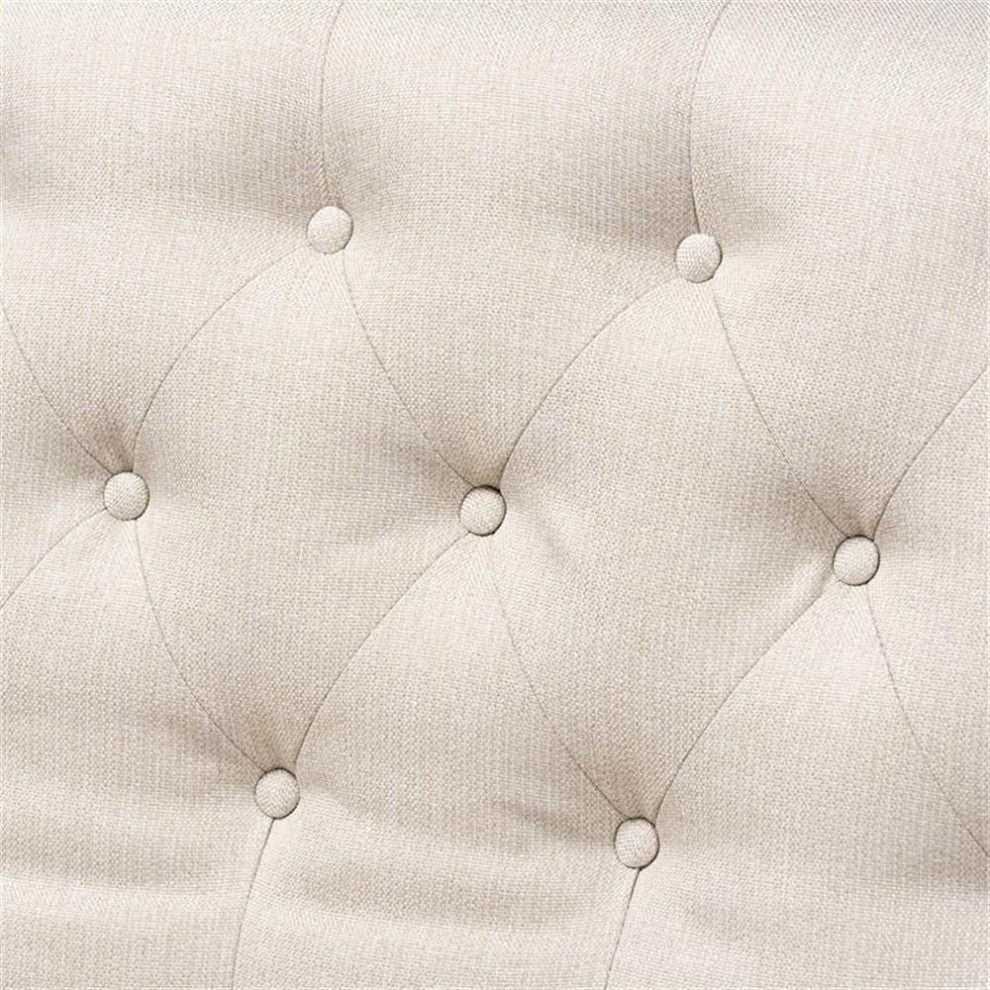 Alira Beige Fabric Upholstered Walnut Wood Button Tufted Bar Stool Bench
