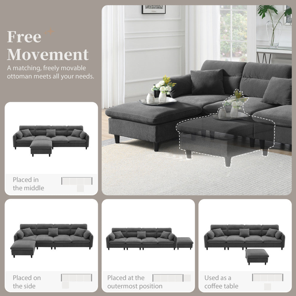 GDF Studio Modern Convertible L-Shaped Sectional Sofa With Ottoman, Gray