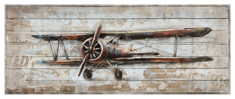 "Model Airplane" Metallic Handed Painted Rugged Wooden Blocks Wall Art