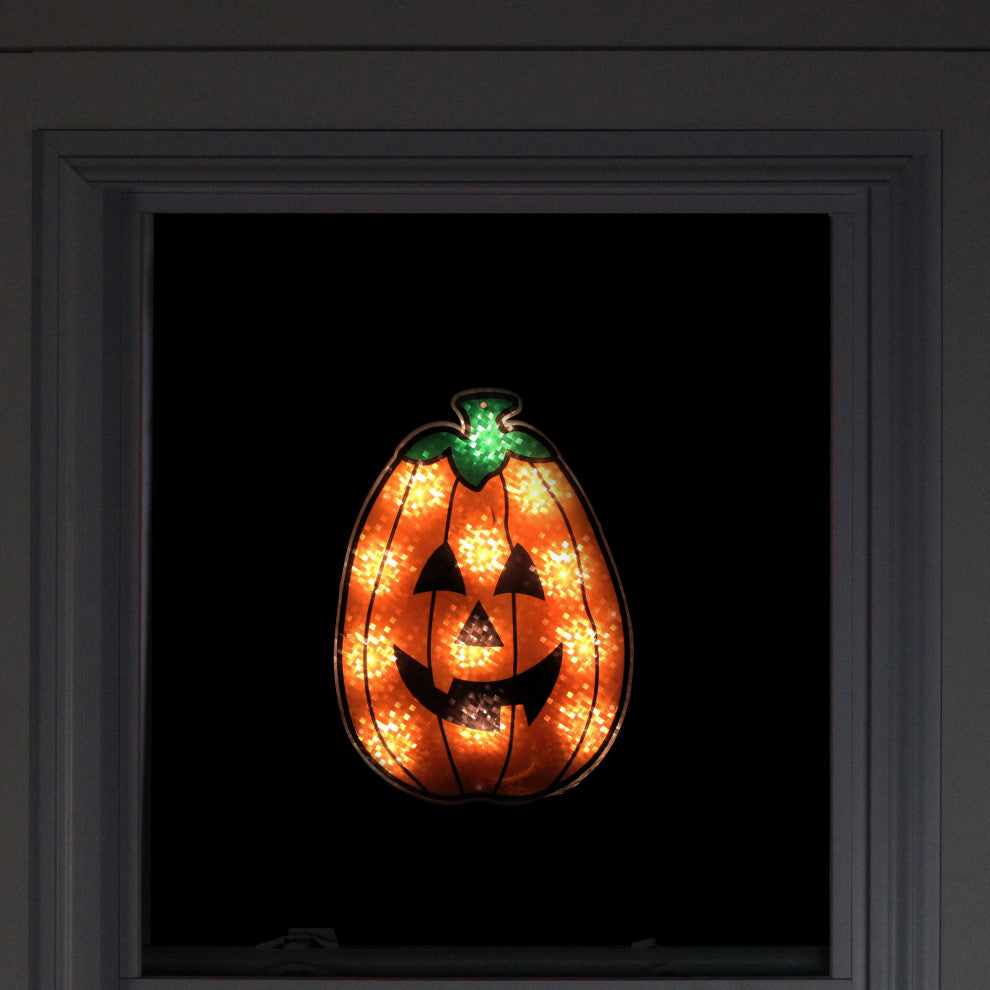 12" Orange Holographic Lighted Pumpkin Halloween Window Silhouette Decoration