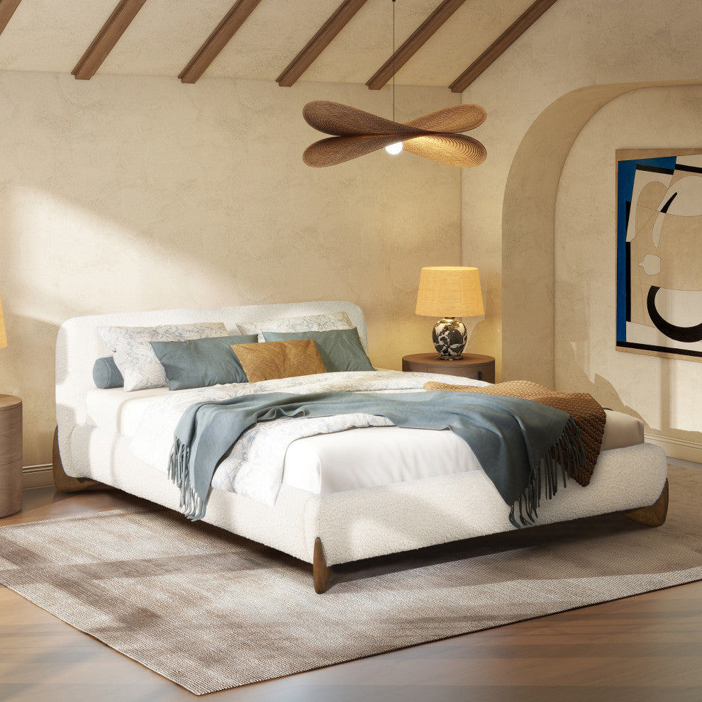Alpine Sherpa Modern Platform Bed, Ivory White Boucle, Queen