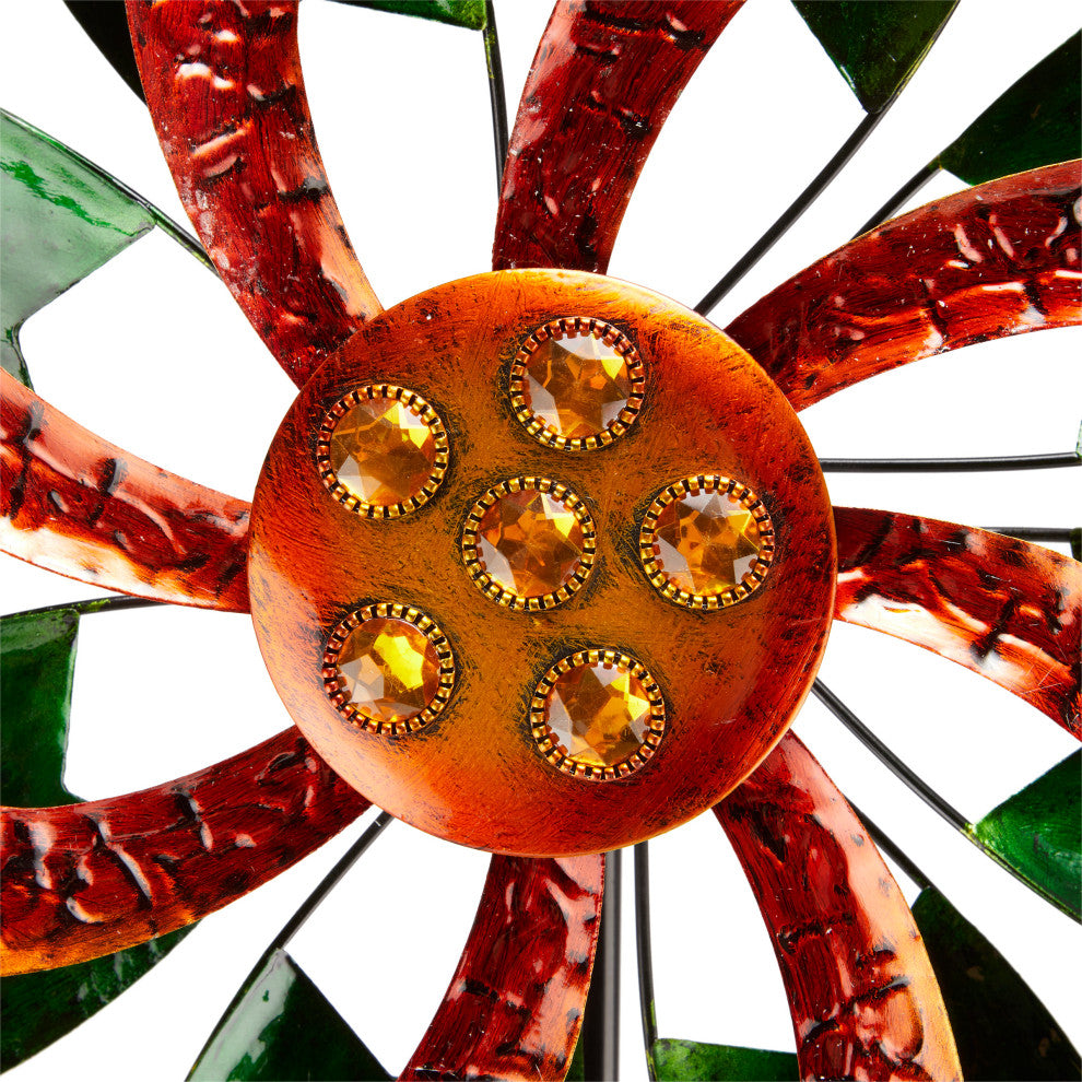 64" Tall Floral Windmill Stake with Jeweled Kinetic Spinner, Green and Orange