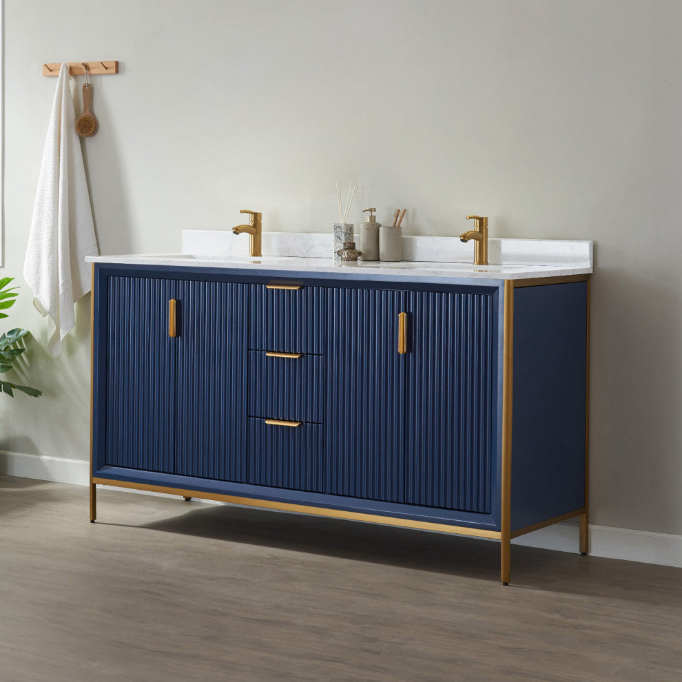 Granada Vanity With White Composite Stone Top, Royal Blue, 60", Without Mirror