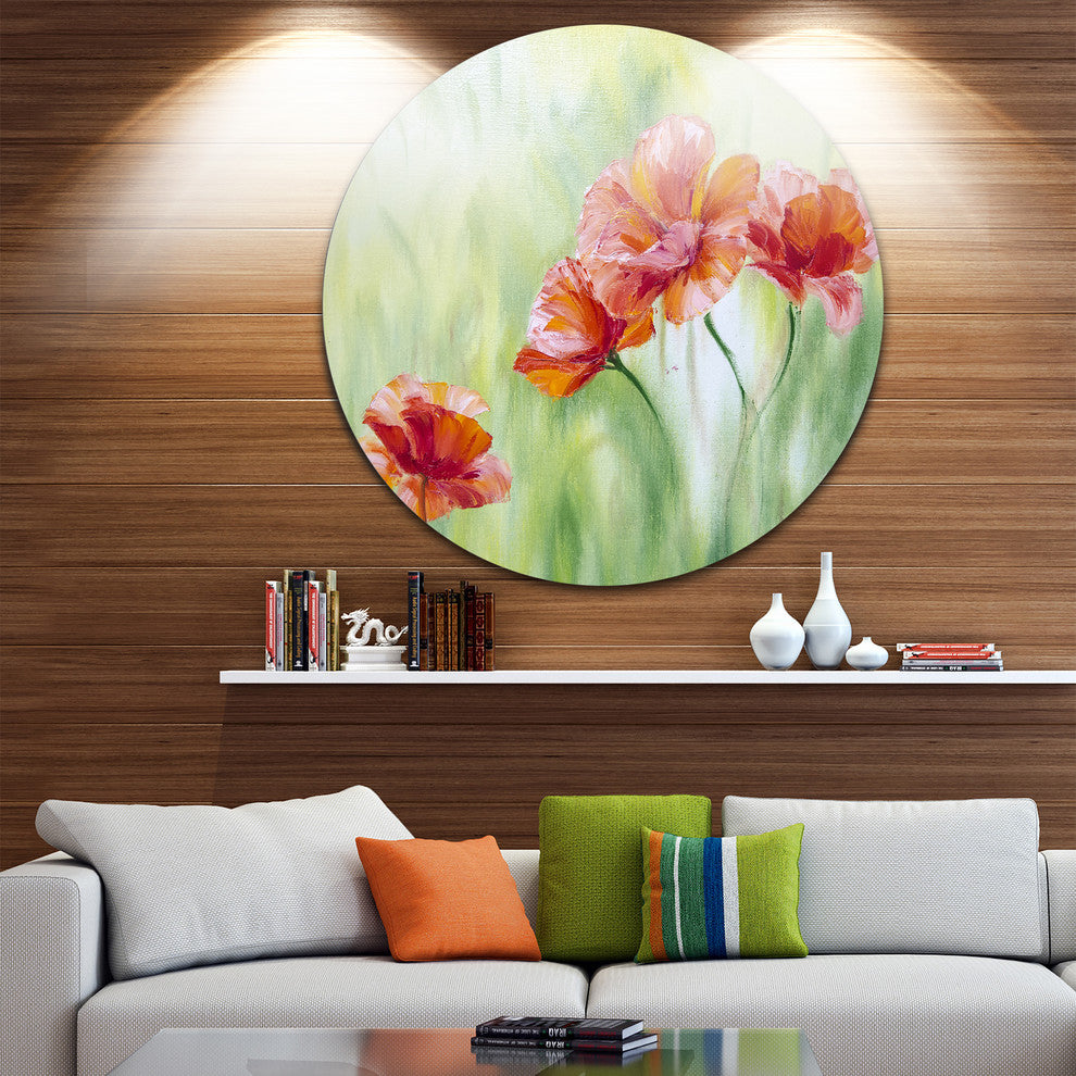 Poppies In Light Green, Floral Large Disc Metal Wall Art, 11"