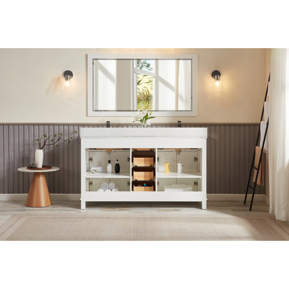 Vanity With Mirror, Sconce and Faucet Included, White, 60"