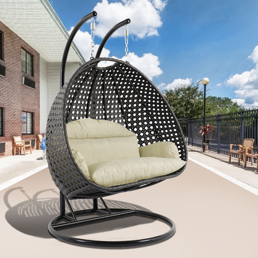 2 Person Charcoal Wicker Double Hanging Egg Swing Chair, Taupe