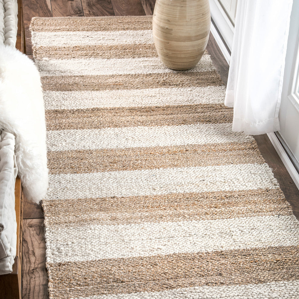 Nuloom Jute and Denim Even Stripes Area Rug, Off White 2'6"x8'Runner