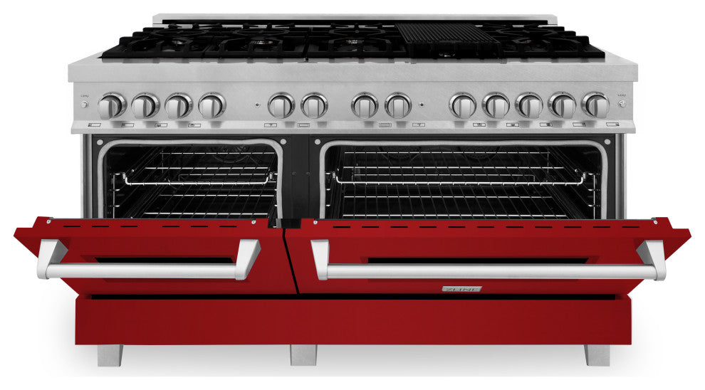 ZLINE 60" Dual Fuel Range, DuraSnow With Red Gloss Door RAS-RG-60