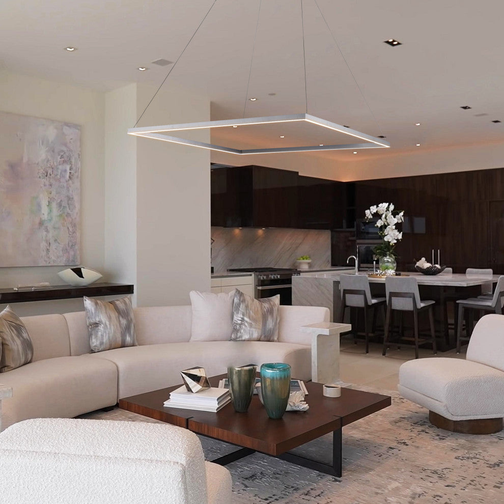 39" Atria LED Square Chandelier, Adjustable Suspension Fixture, Silver