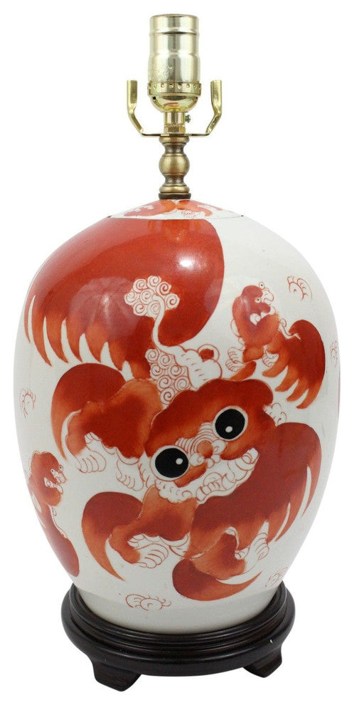 Vintage Style Orange Foo Dog Porcelain Lamp With Shade and Finial