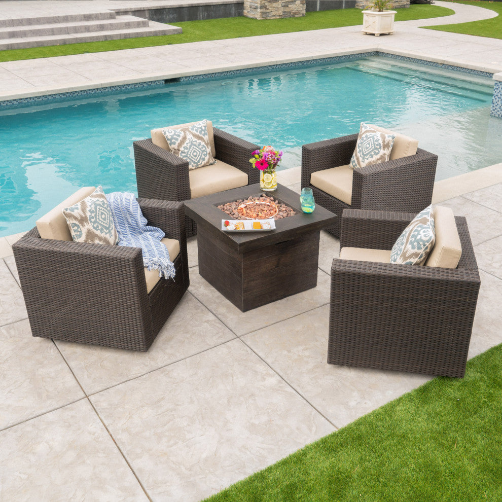 GDF Studio 4-Piece Livingston Outdoor Fire Pit Chat Set, Brown