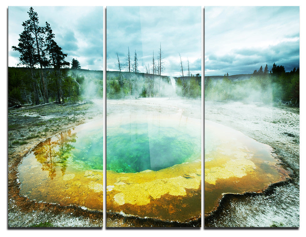 "Morning Glory Pool Under Clouds" Photo Metal Wall Art, 3 Panels, 36"x28"