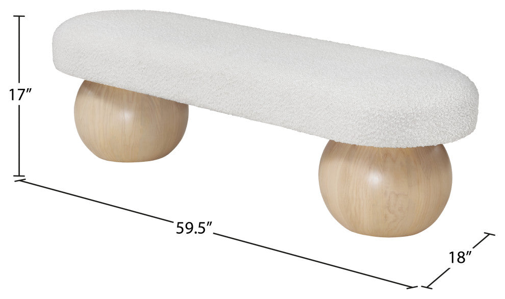 Meridian Furniture Bowie Boucle Fabric Upholstered Bench, Cream, Natural Finish