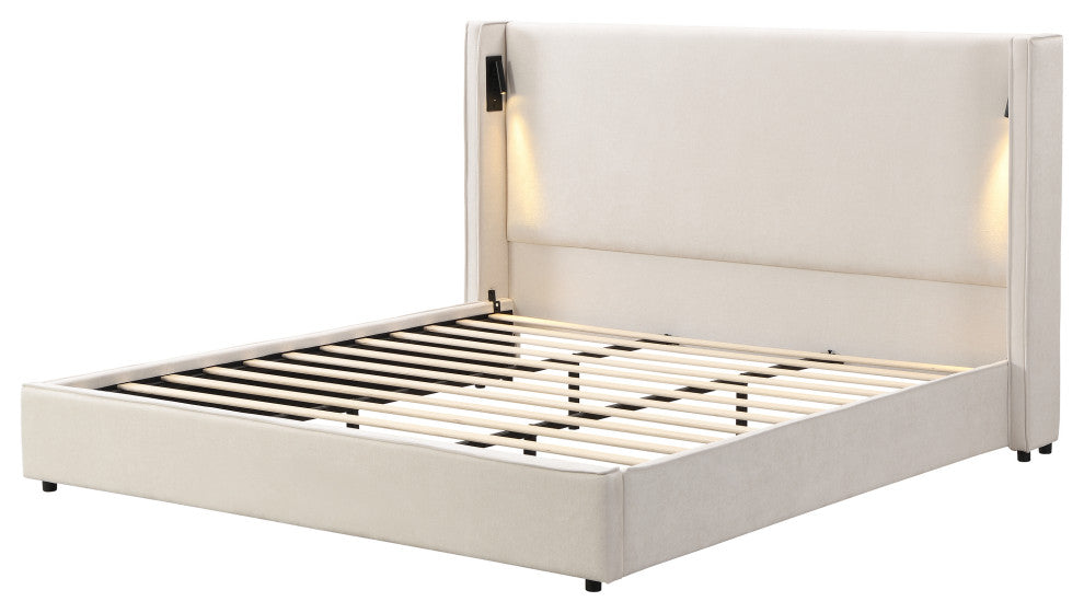 GDF Studio Fully-Upholstered Platform Bed With Reading Lamp & USB Port, King