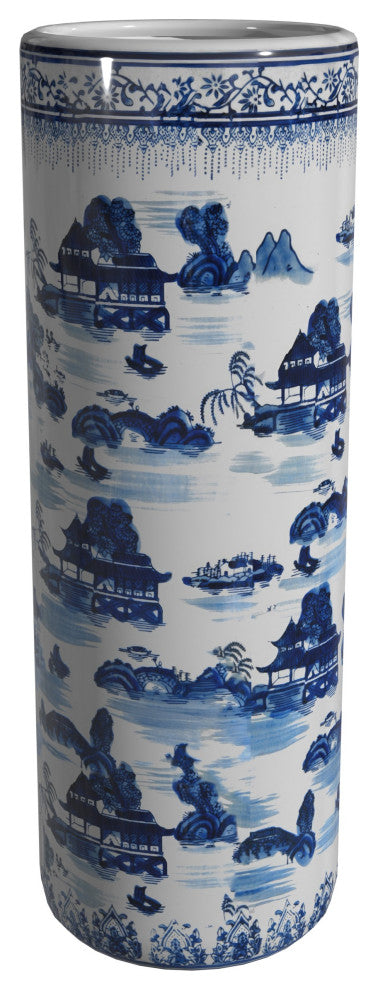 24" Landscape Blue and White Porcelain Umbrella Stand
