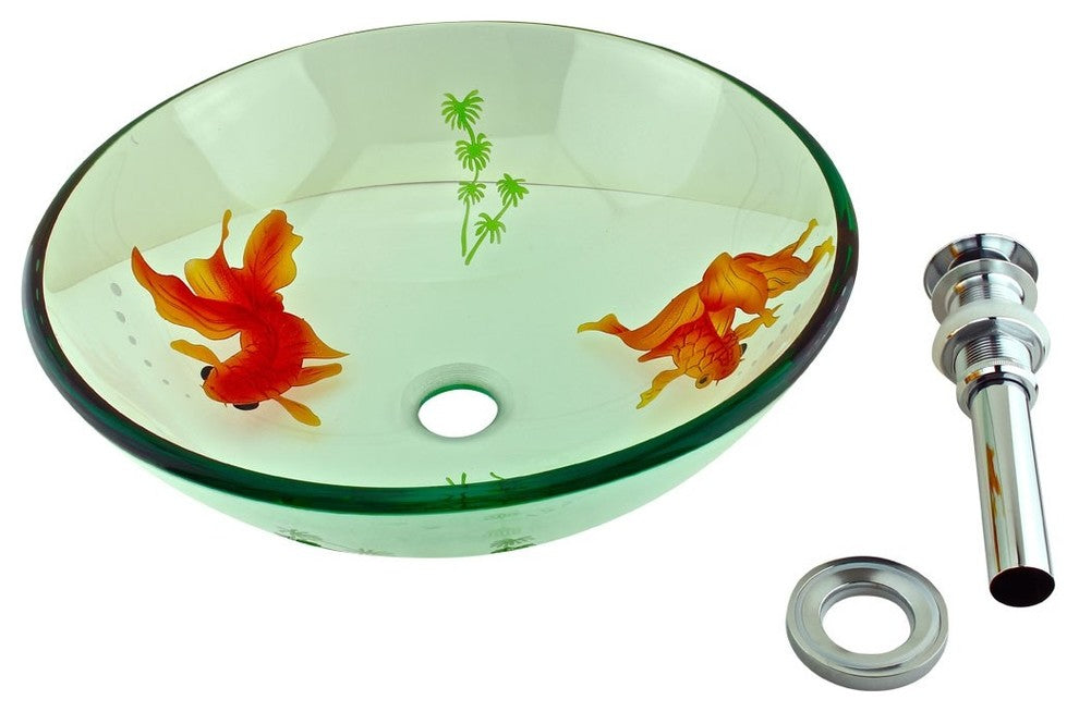 Tempered Glass Vessel Sink Koi Fish with Drain
