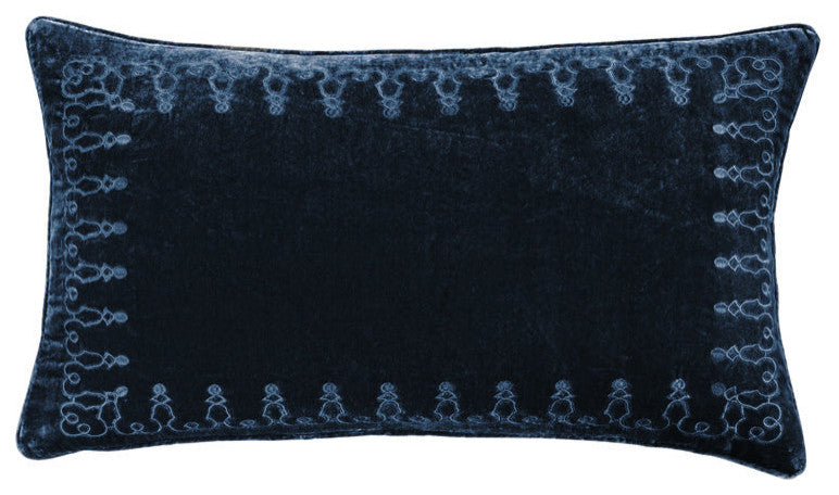 Stella Faux Silk Velvet Embroidered Lumbar Pillow, 14"x24", Midnight Blue