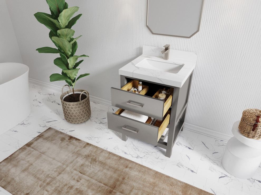 Parker 24" Single Sink Bath Vanity, Elephant Skin Gray 2" Calacatta Sienna