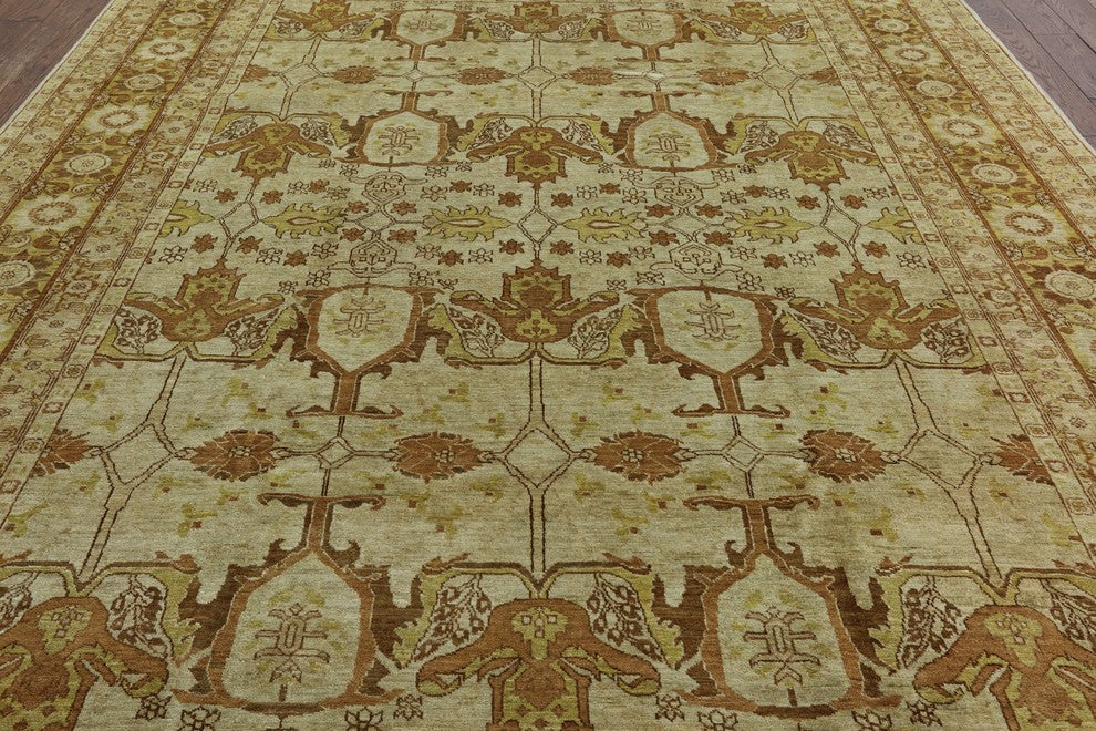 Ivory Chobi Oushak Style Peshawar Quality Hand-Knotted Wool Rug, 9'x12'