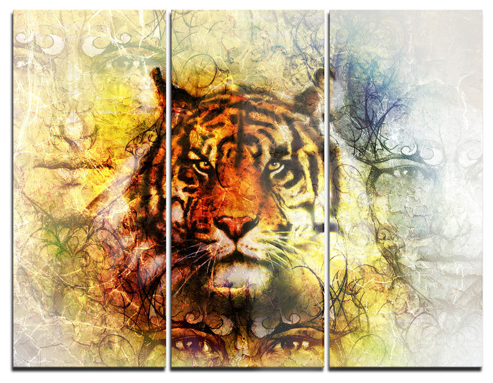 "Mighty Tiger With Mystic Face" Digital Metal Wall Art, 3 Panels, 36"x28"