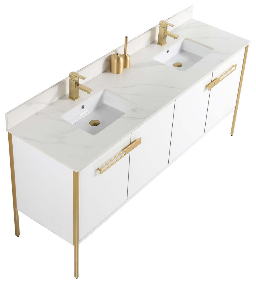 Oakville Bath Vanity, Ceramic Sink, White Matte, 72 Inch, Satin Brass Hardware