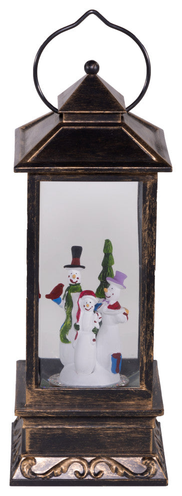 11"H Indoor Lantern Snowman Snow Globe Holiday Decoration with LED Light, Bronze
