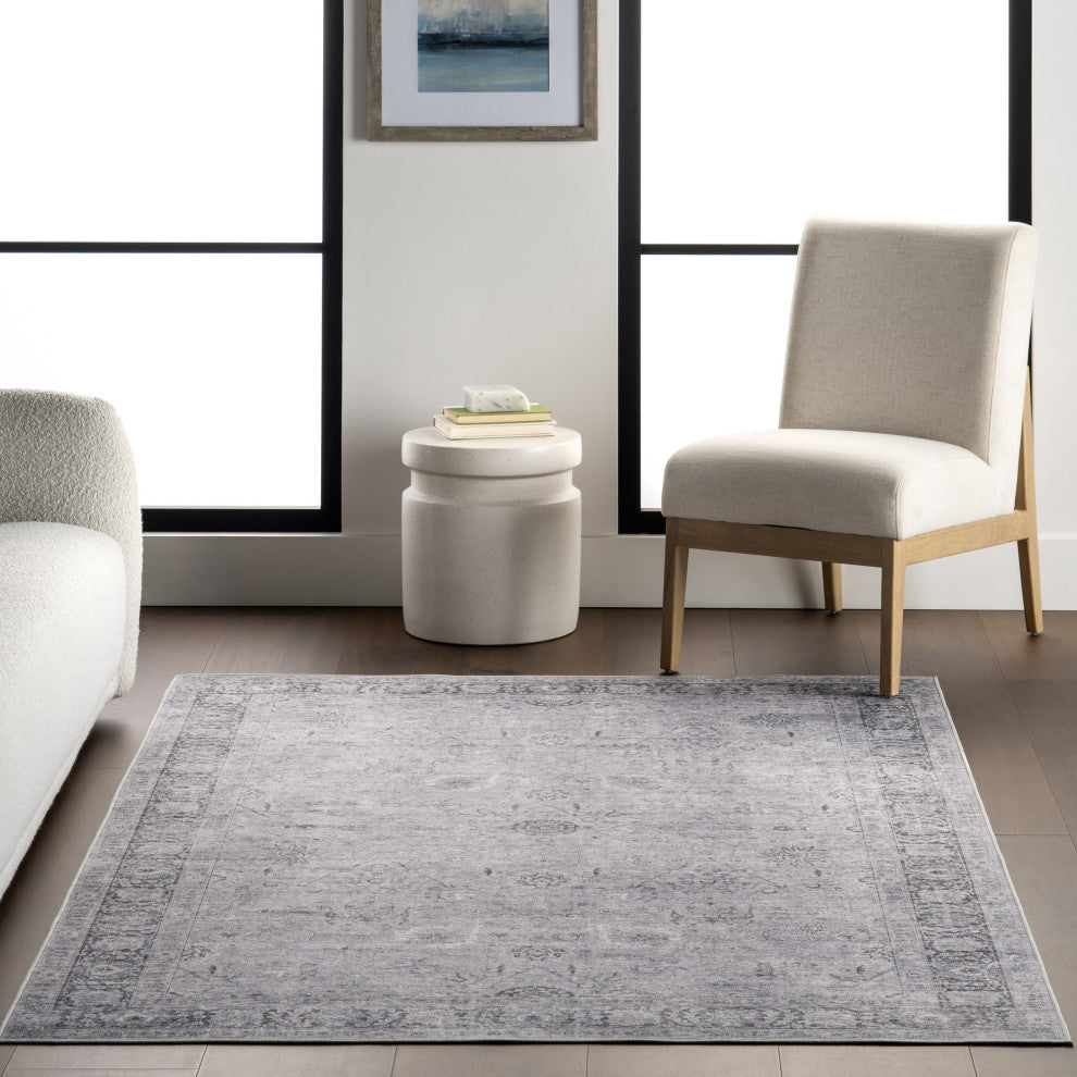 Bayberry Spill Proof Vintage Machine Washable Area Rug, Light Grey 9'x12'