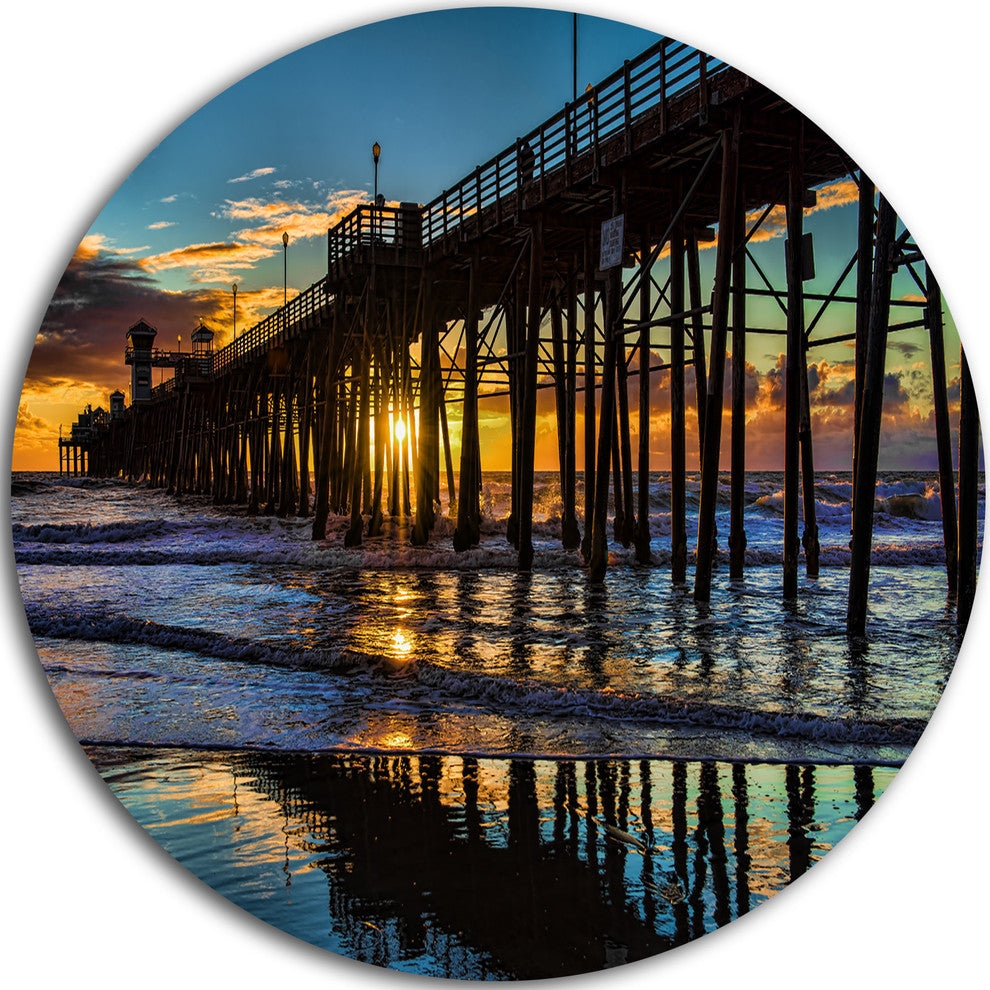 Oceanside Pier At Evening, Landscape Photo Round Wall Art, 11"