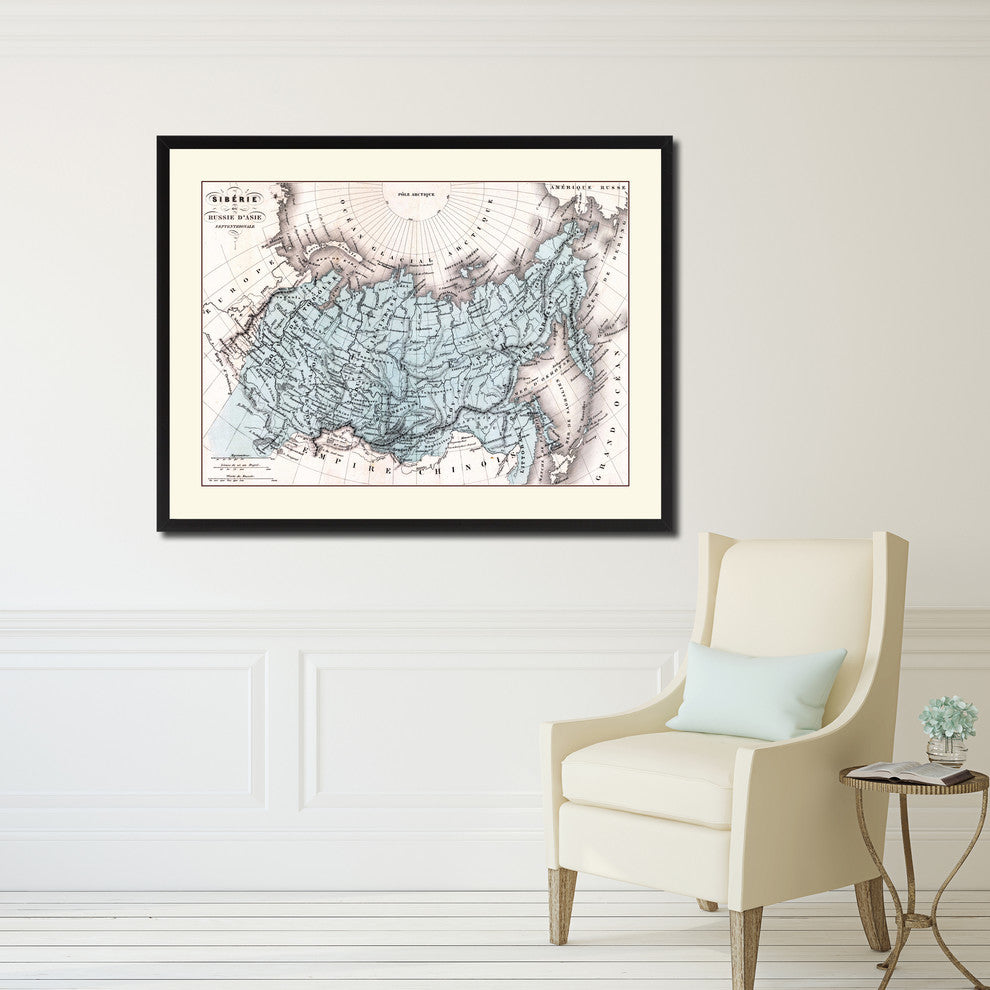 Siberia, Russia Vintage Map Print On Canvas With Picture Frame 28" X 37"