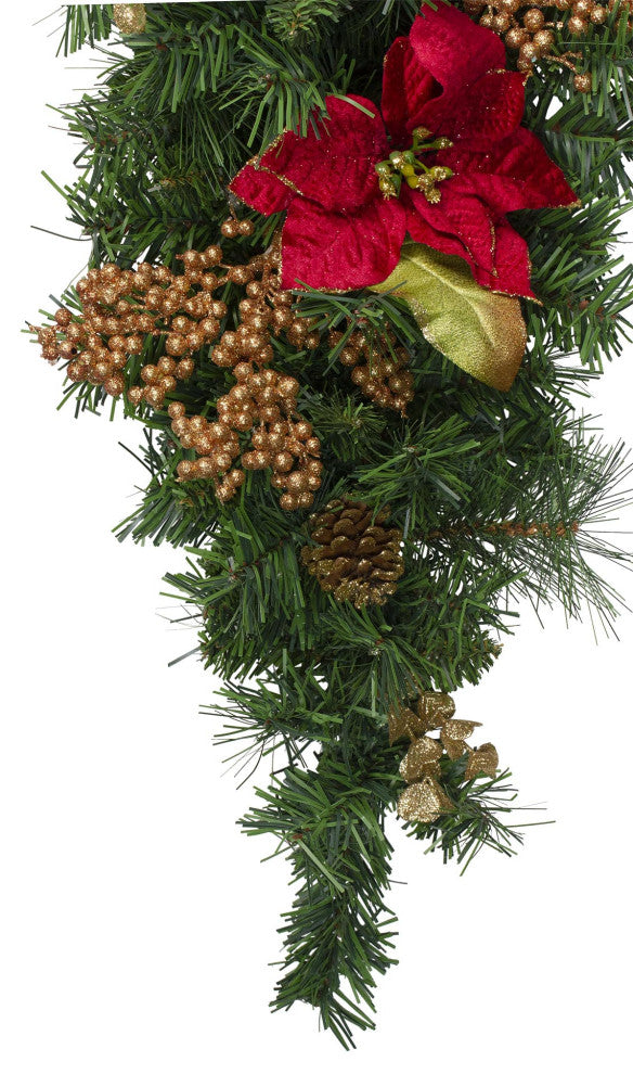 28" Pine with Red Balls Poinsettias Gold Pine Cones and Berries Teardrop Swag