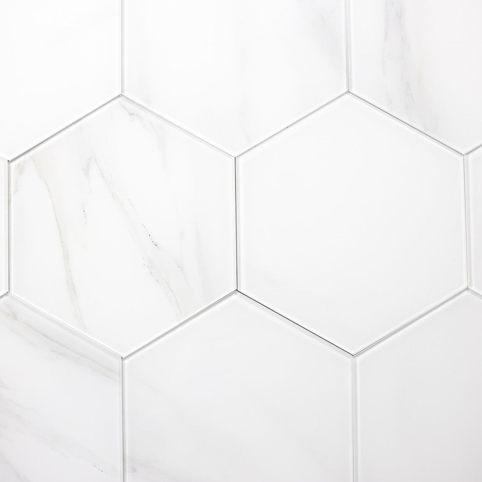 Nature 8 in x 8 in Glass Hexagon Tile in Calacatta White Gold