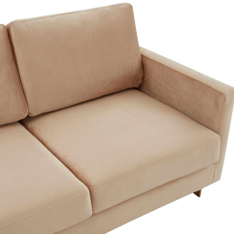 LeisureMod Lincoln Modern Velvet Sofa With Gold Frame, Beige