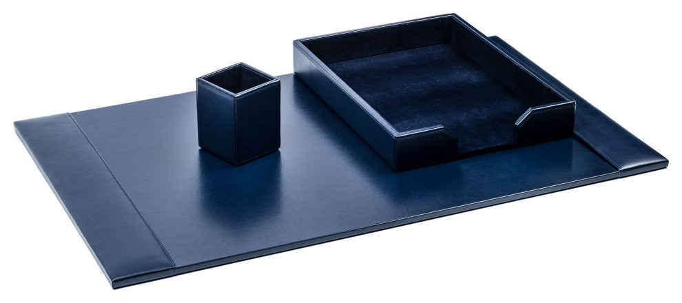 Navy Blue Bonded Leather 3-Piece Desk Set