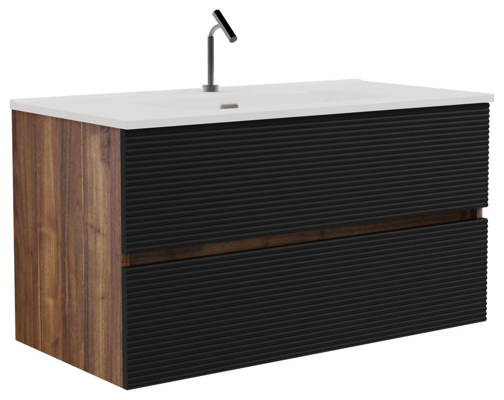 Wall-Mounted Bathroom Vanity Set with Integrated Ceramic Sink, Black, 36"