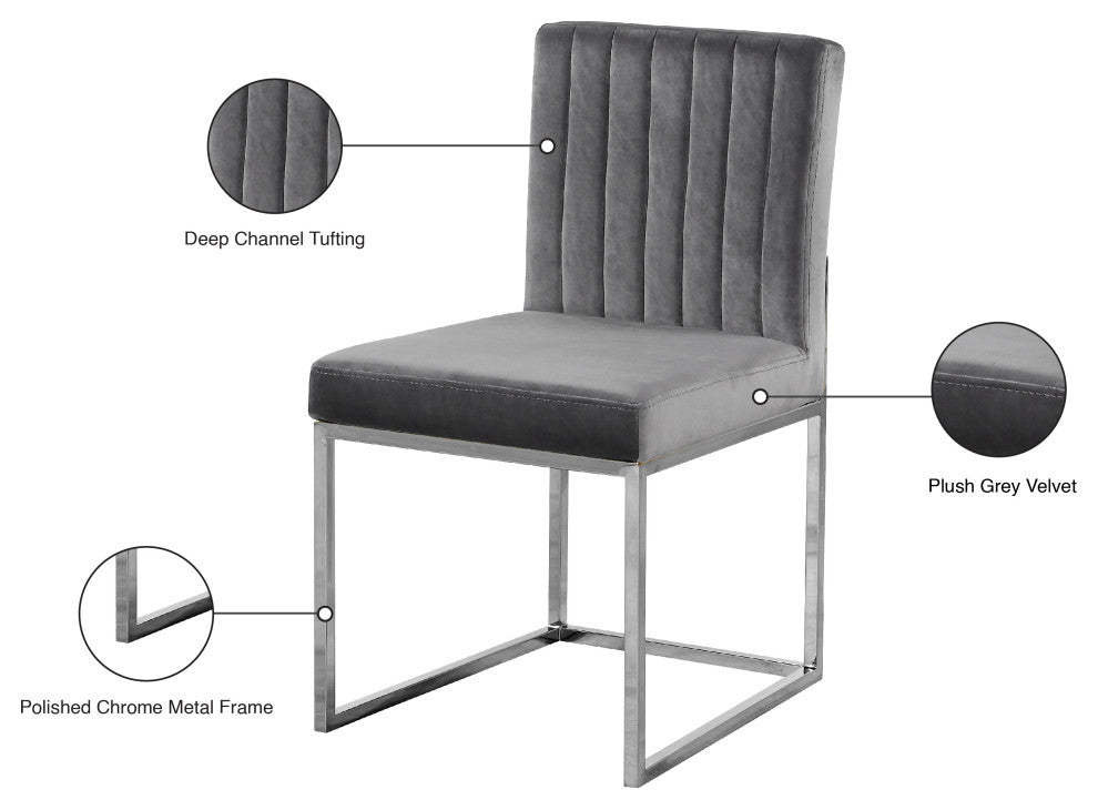 Giselle Velvet Dining Chairs, Set of 2, Gray, Chrome Base