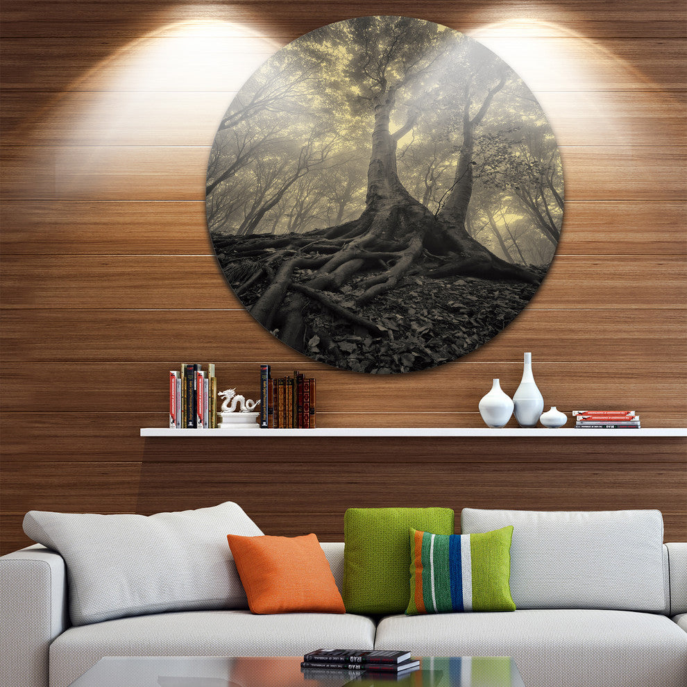 Tree With Big Roots On Halloween, Landscape Disc Metal Artwork, 36"