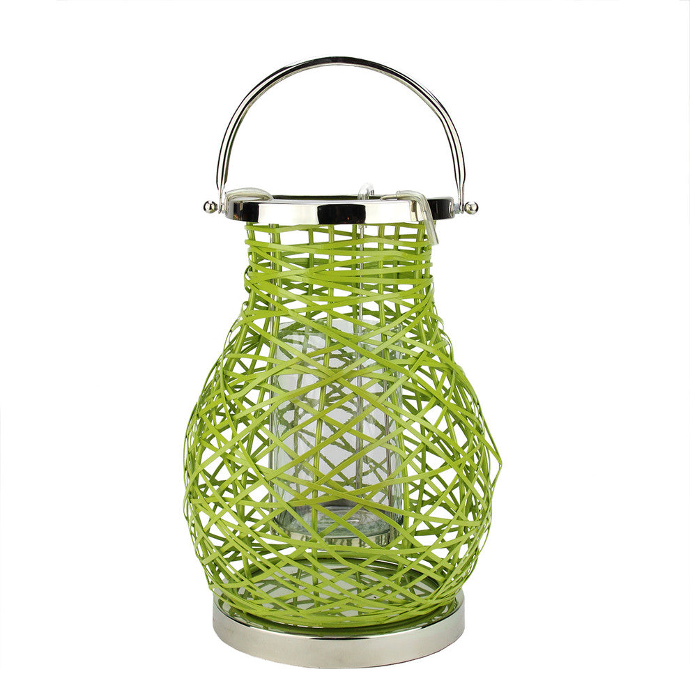 13.5" Modern Green Woven Iron Pillar Candle Lantern with Glass Hurricane