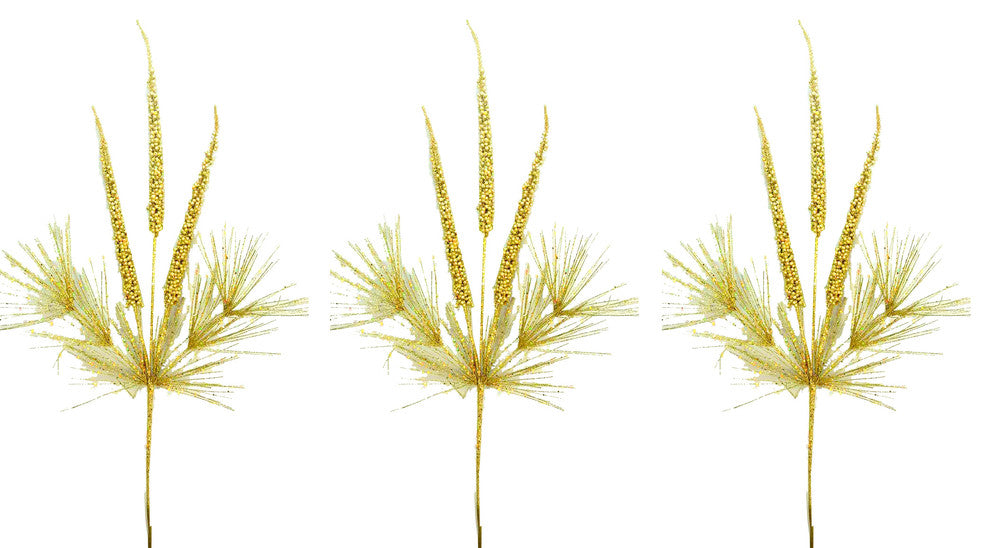 3 Pieces 37" Glitter Berry Spikes with Pine Christmas Spray, Gold