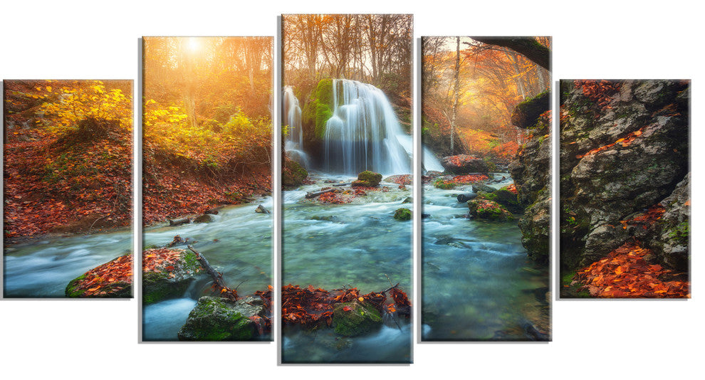 "Fast Flowing Fall River in Forest" Photograph Print, 5 Panels, 60"x32"