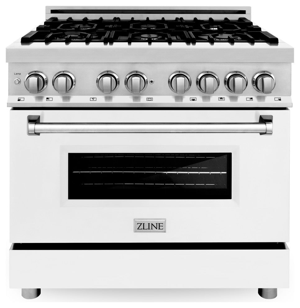 ZLINE 36" Dual Fuel Range With Griddle and White Matte Door, Stainless Steel