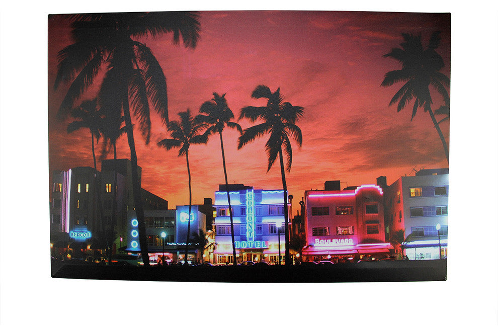 Battery Operated 8 LED Sunset South Beach Scene Canvas Wall Hanging, 23.5"