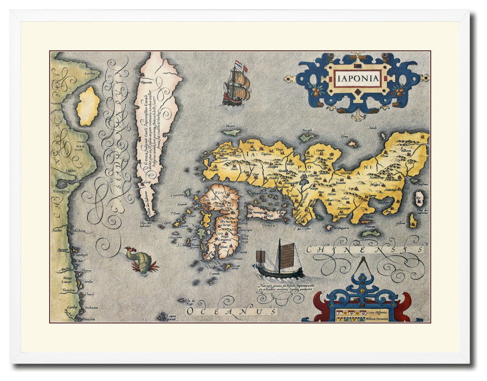 Japan Vintage Old Map Print On Canvas With Picture Frame 28" X 37"