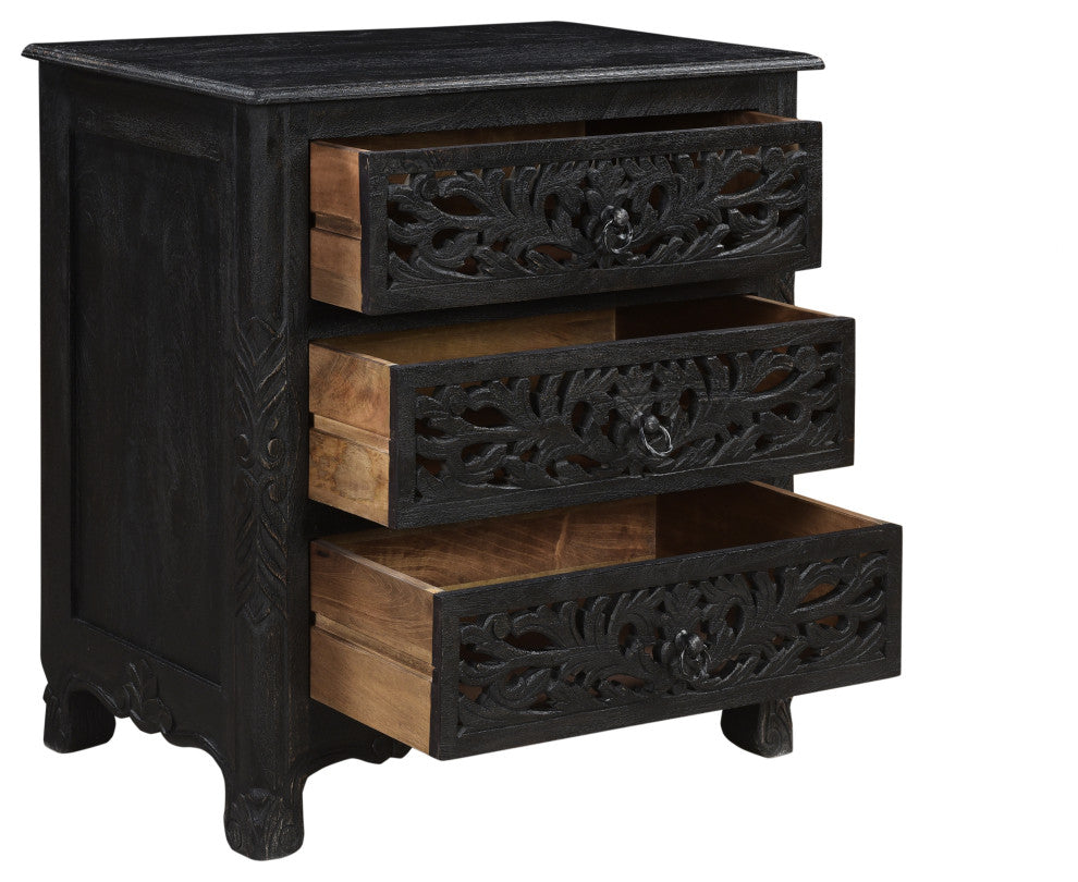 Delaney 3 Drawer Carved Nightstand, Distressed Black