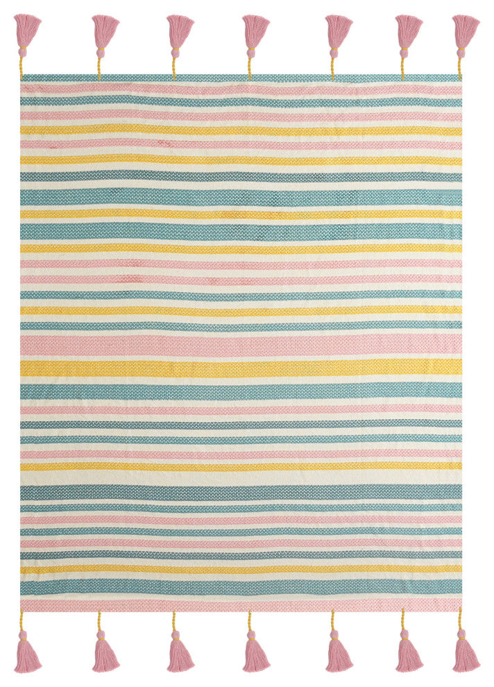 Pink, Blue, and Sunny Striped Throw Blanket With Tassels